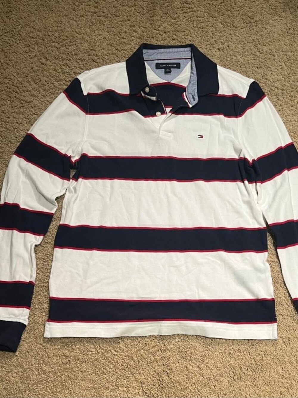 Tommy Hilfiger white, navy blue, and red striped long sleeve polo shirt
